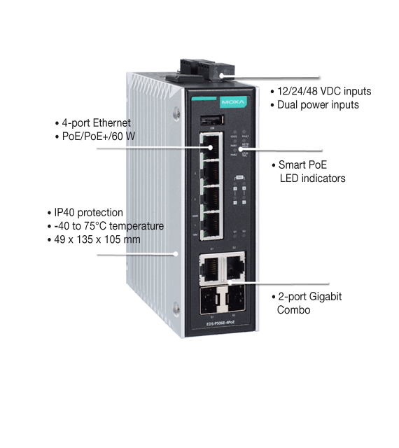 EDS-P506E-4PoE Series 4+2G-port Gigabit PoE+ managed Ethernet switches